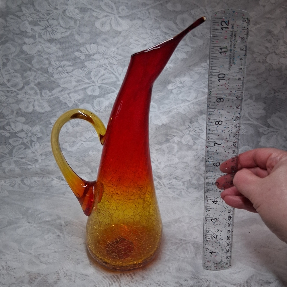 Vintage Amberina Crackle Glass Pitcher MCM Hand-Blown Art Glass 12" - Picture 14 of 16